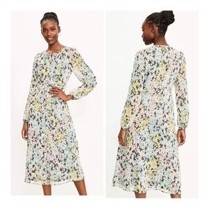 LOFT Garden Pastel Floral Puffed Shoulder Button Front Midi Shirtdress Size 14